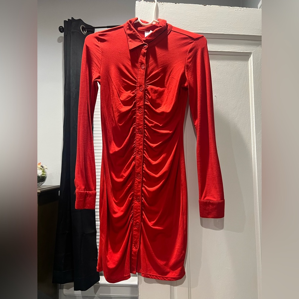 Red Ruched Button-Up Dress